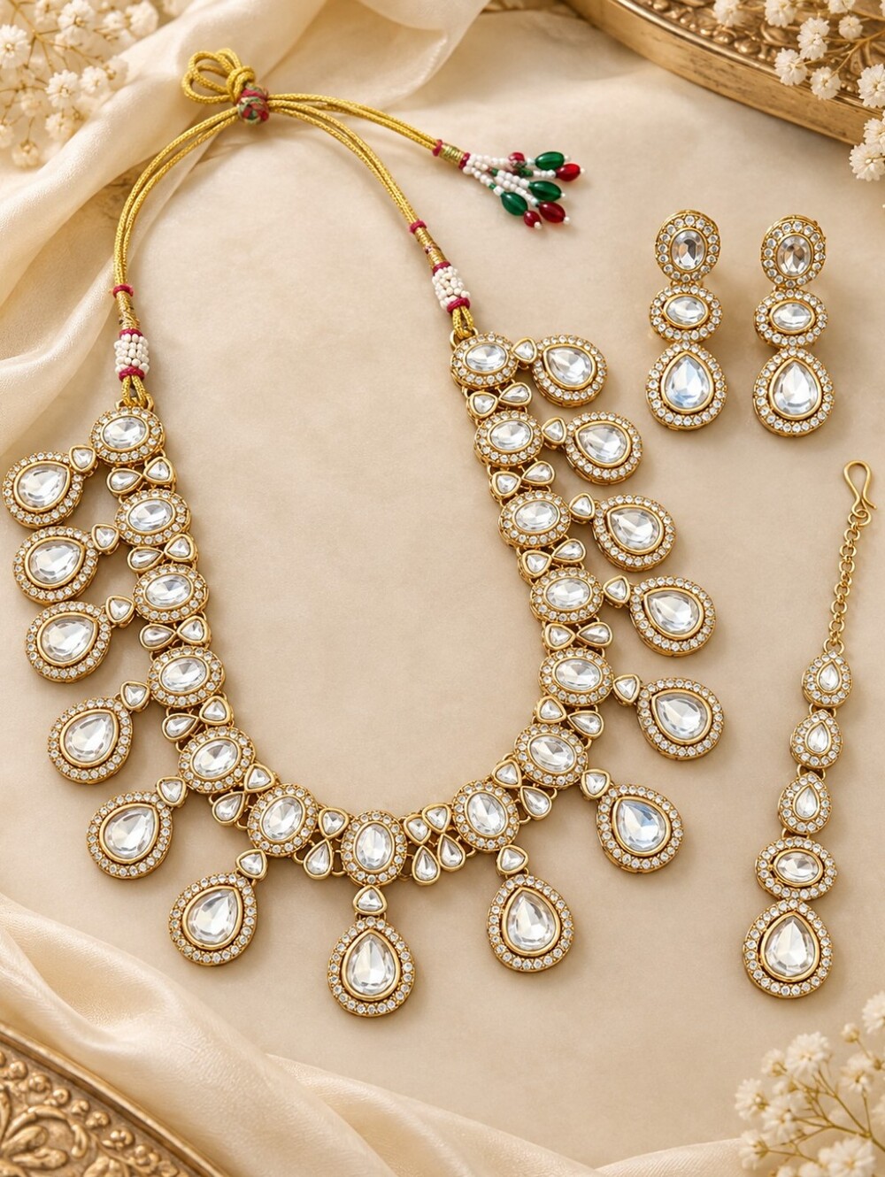 Clear Polki Necklace Set with Earrings & Maang Tikka | Indian Jewelry